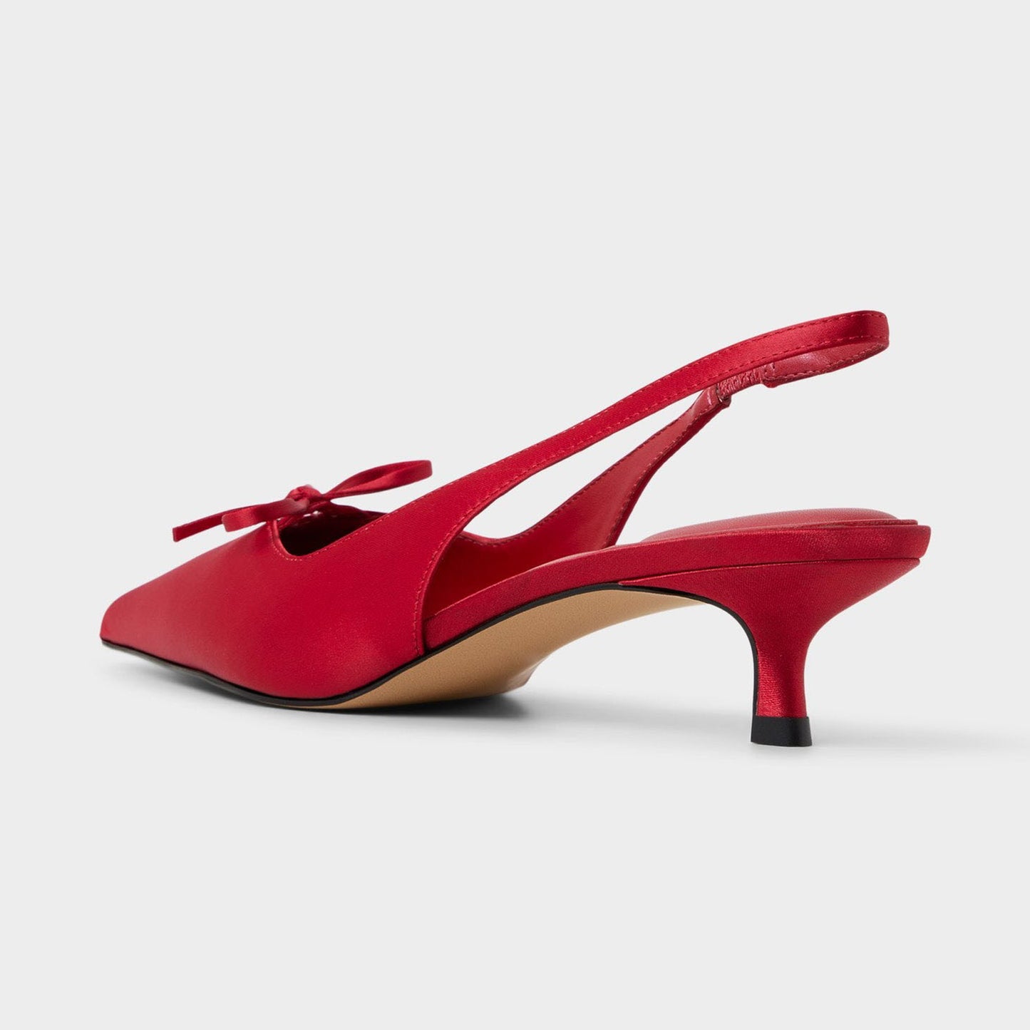 Red Satin Pointed-Toe Front Bow Classic Back Strap Kitten Heels