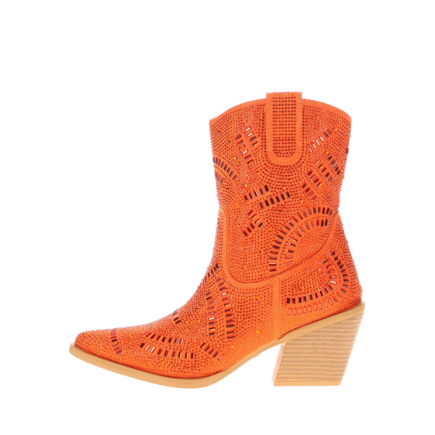 Orange Faux Suede Pointed-Toe Full Crystals Full-Zip Ankle Cowgirl Boots
