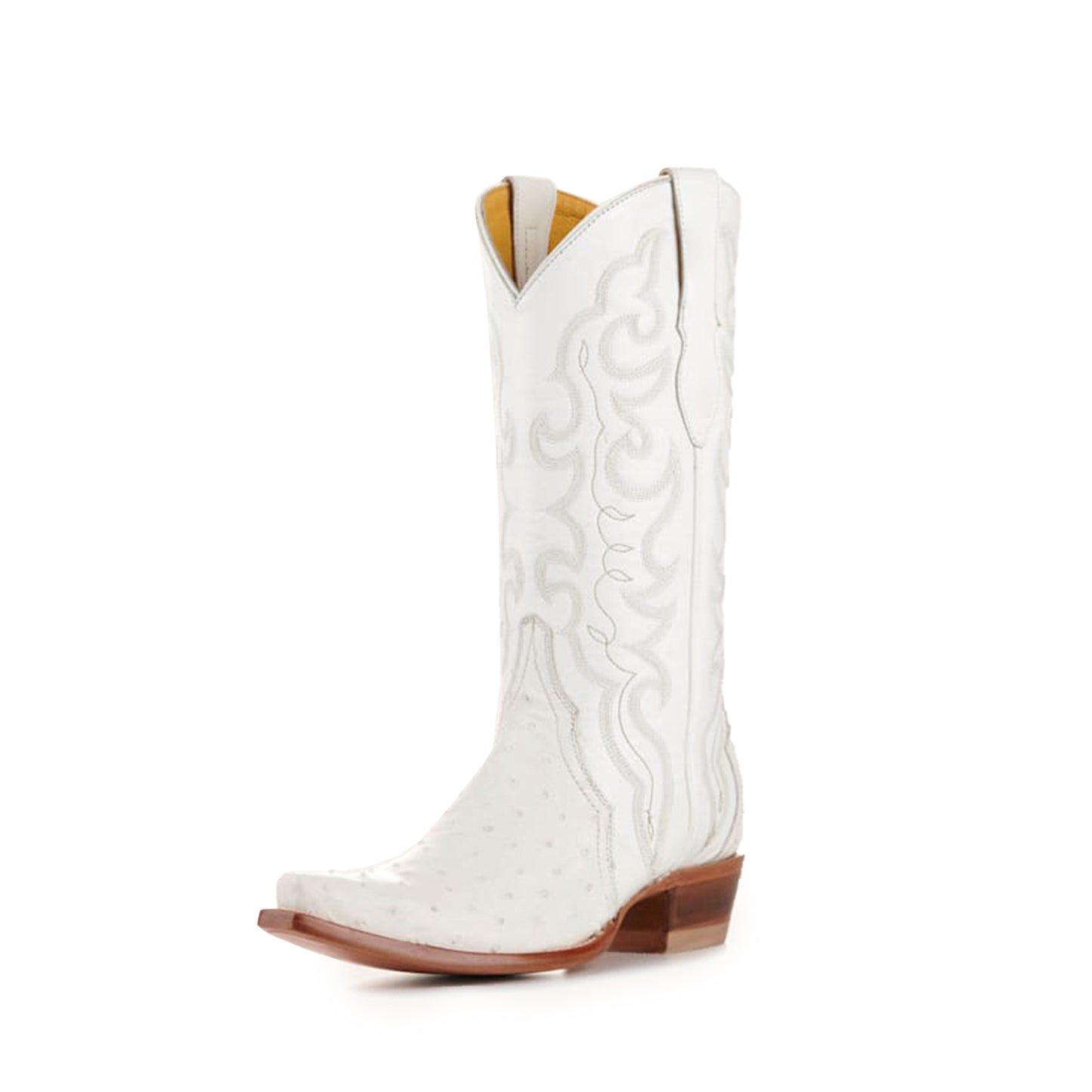 White Contrast Vegan Leather And Ostrich Print Snip-Toe Embroidery Classic Mid Calf Cowgirl Boots
