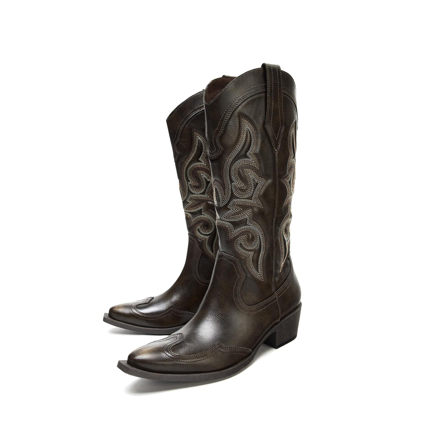 Brown Snip-Toe Embroidery Side Pull Tabs Mid Calf Cowgirl Boots