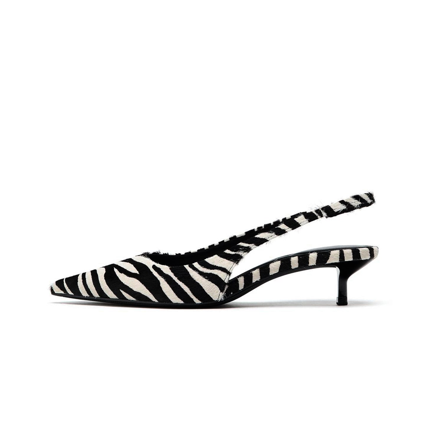 Zebra Print Pony Hair Pointed-Toe Classic Slingback Kitten Heels
