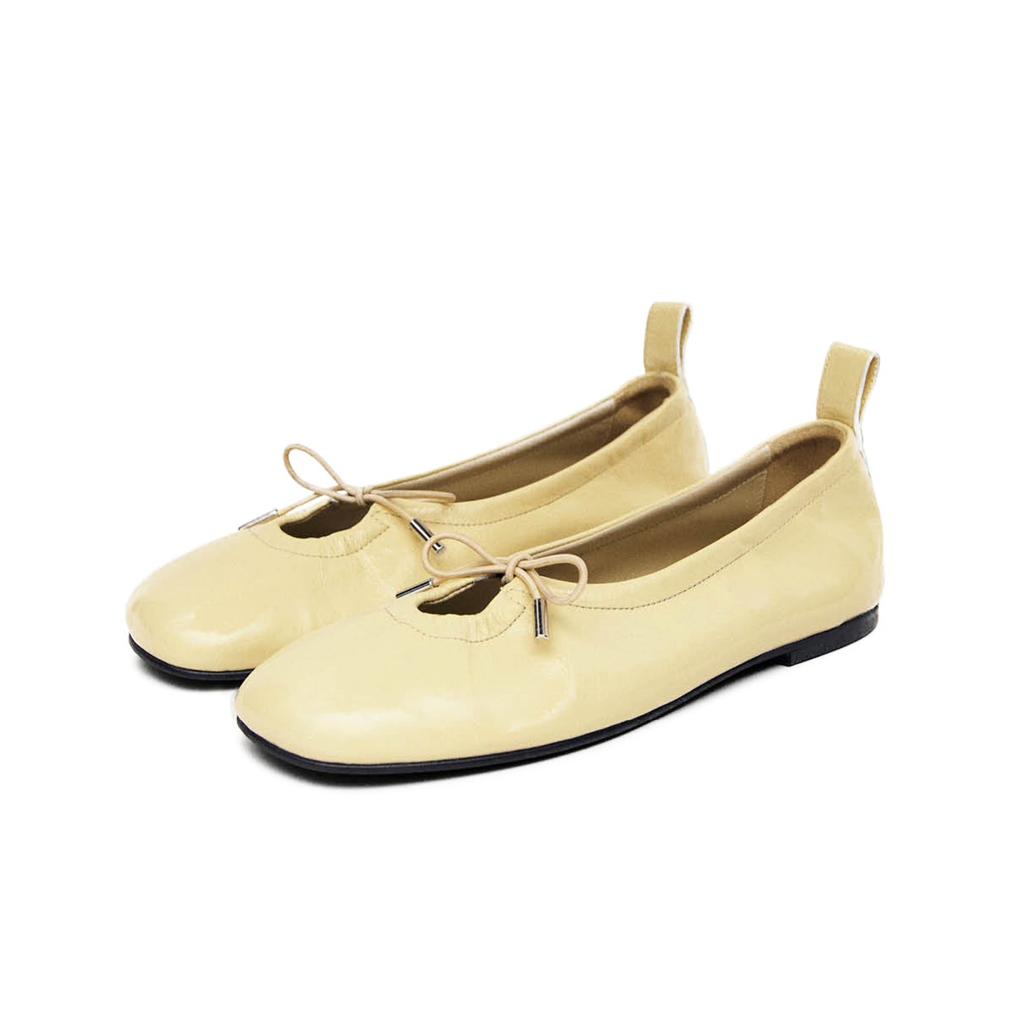 Patent Yellow Square-Toe Bridge Self-Tie Bow Ballet Flats