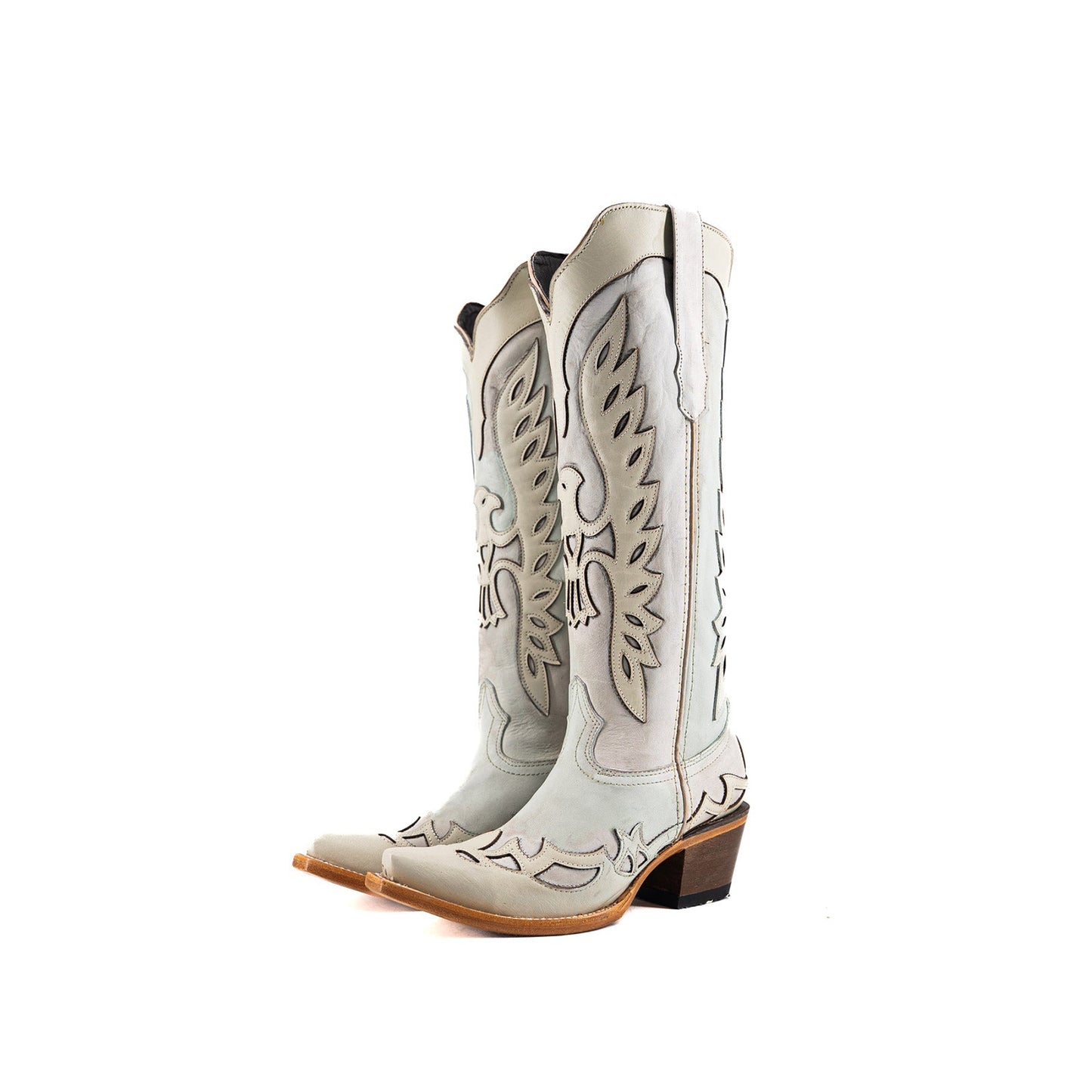 Bone Snip-Toe Eagle Applique Half-Zip Knee High Cowgirl Boots