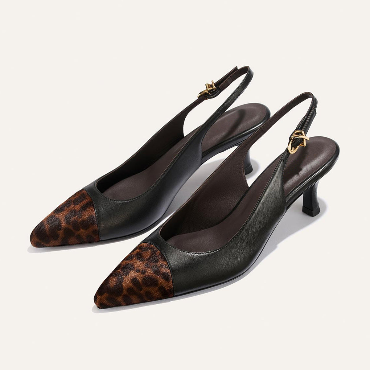 Black And Leopard Pattern Pointed-Toe Chic Back Strap Kitten Heels