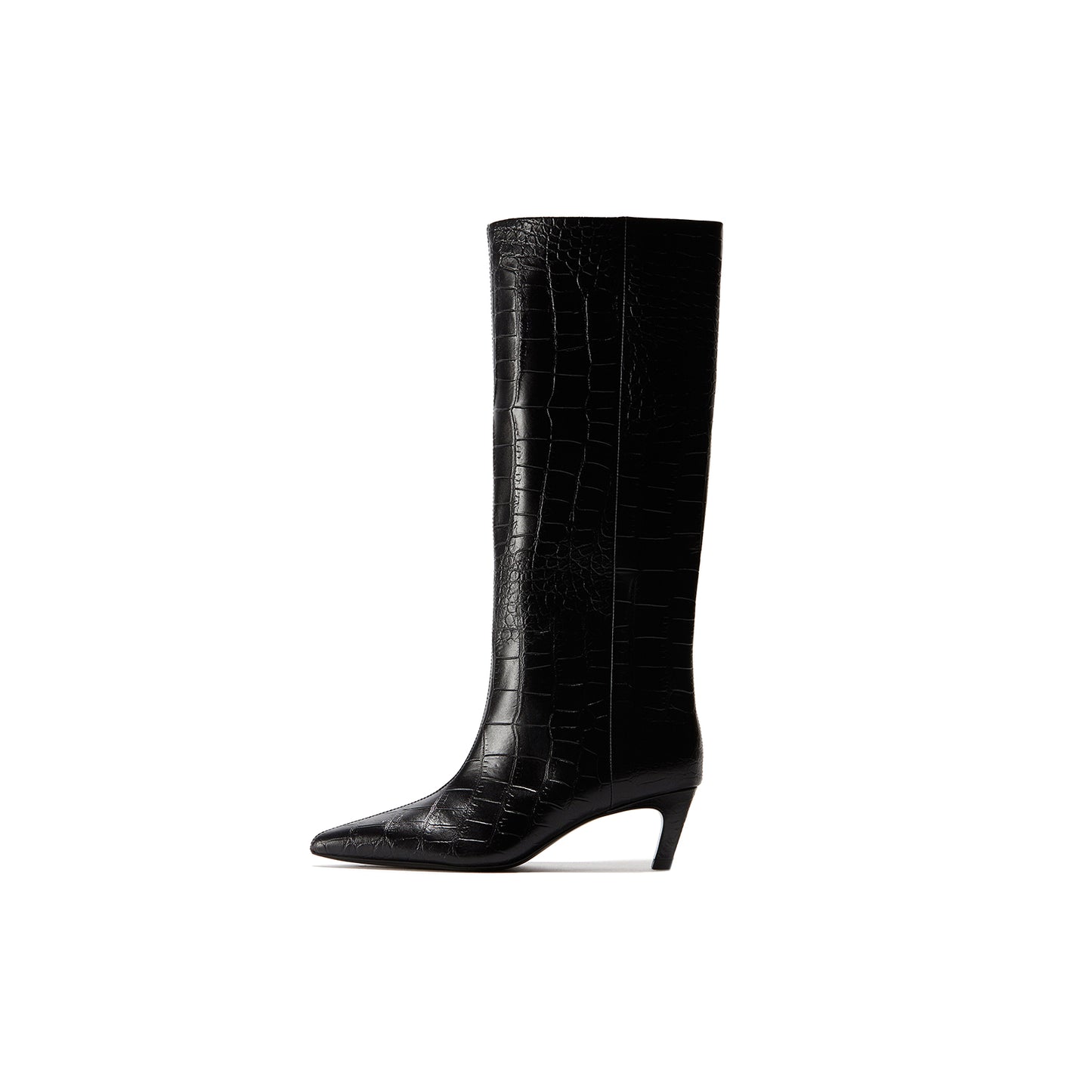 Black Crocodile Print Pointed-Toe Wide Calf Knee High Simple Stiletto Boots