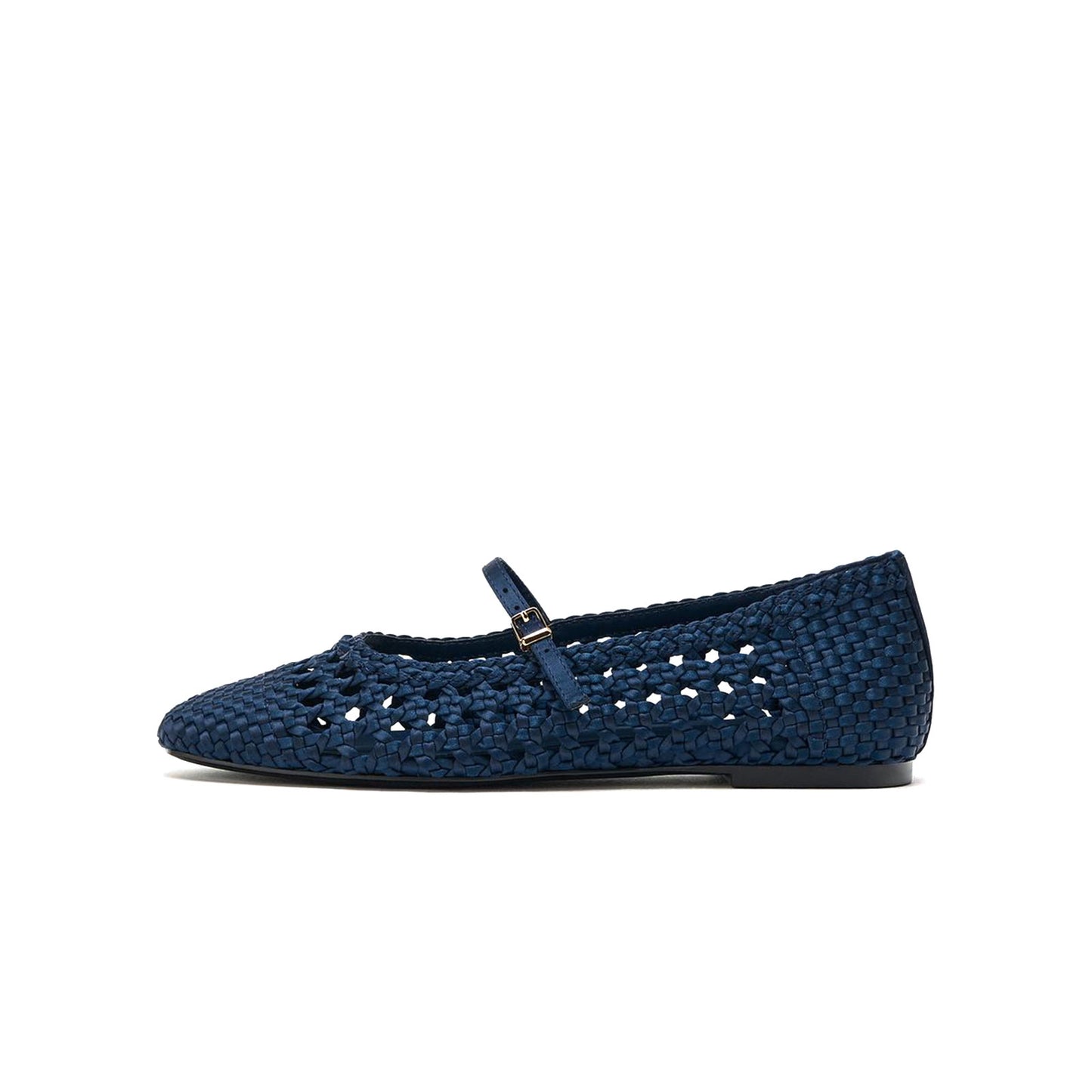 Blue Woven Satin Square-Toe Buckle Mary Jane Chic Flats