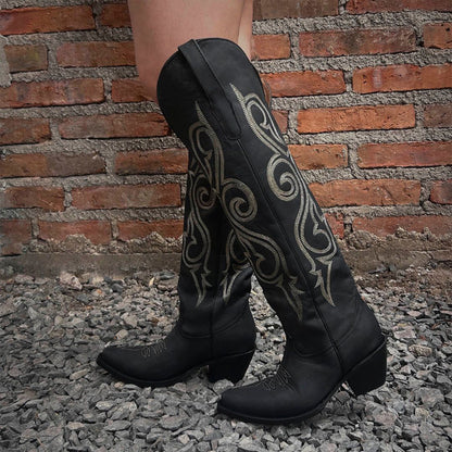 Black Snip-Toe Classic Embroidery Wide Calf Knee High Tall Cowgirl Boots