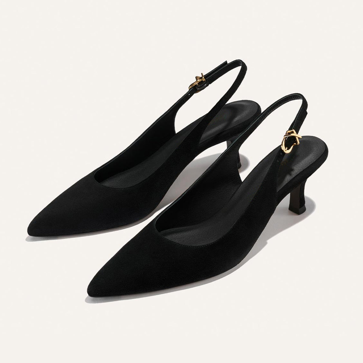Black Sleek Faux Suede Pointed-Toe Chic Back Strap Kitten Heels
