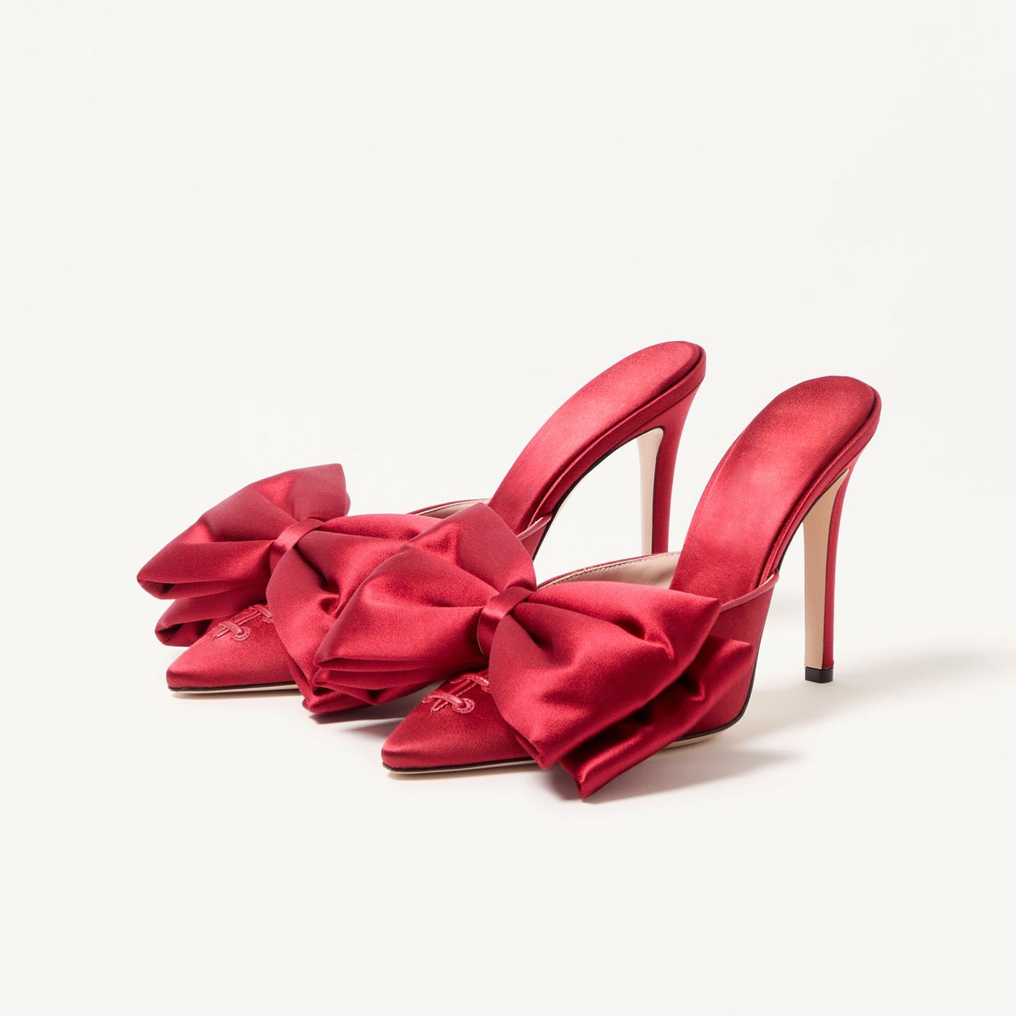 Red Satin Pointed-Toe Big Front Bow Backless Mule High Heels