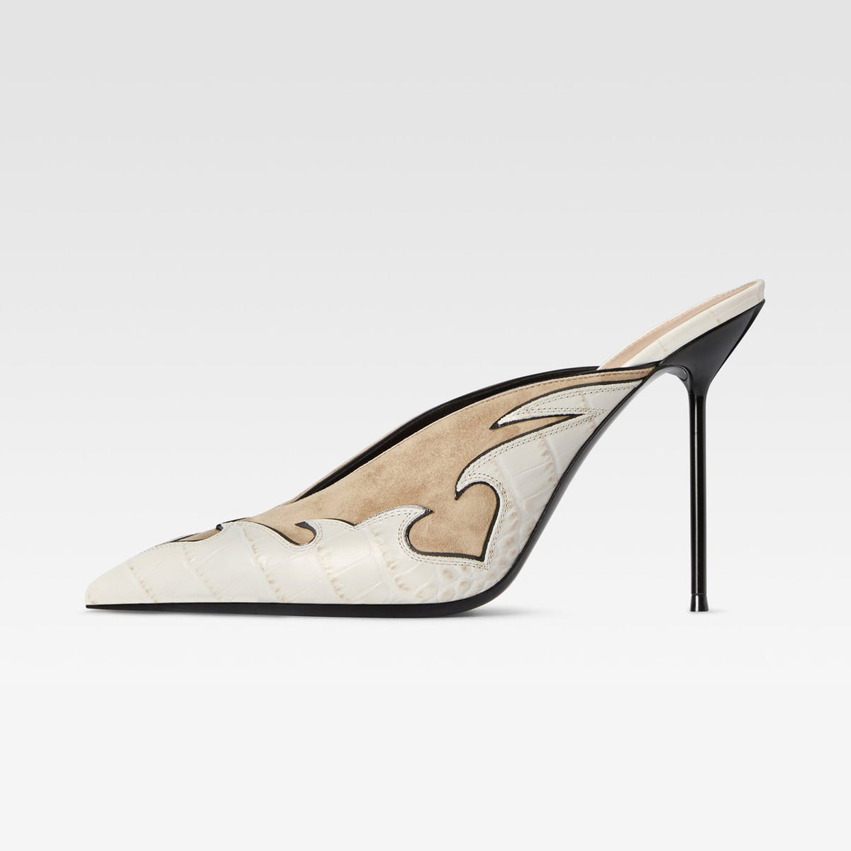 Beige Faux Suede And Crocodile Pattern Pointed-Toe Backless Slip-On High Heels