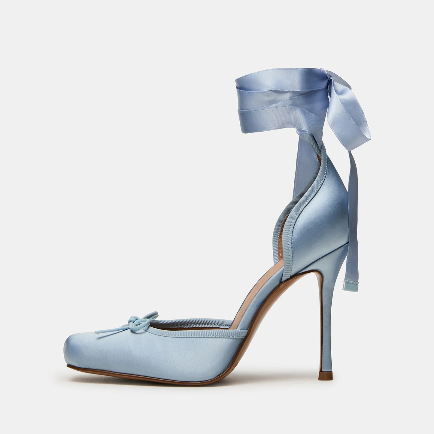 Blue Satin Square-Toe Front Bow Ankle Strap Slip-On High Heels