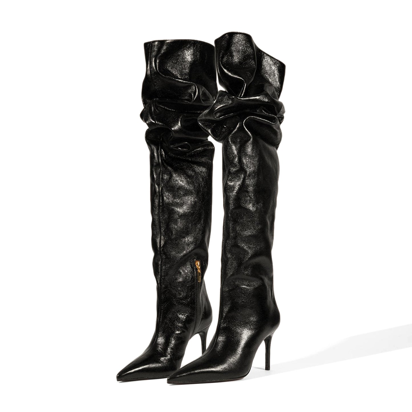 Black Pointed-Toe Short-Zip Slouch Over-The-Knee Stiletto Boots