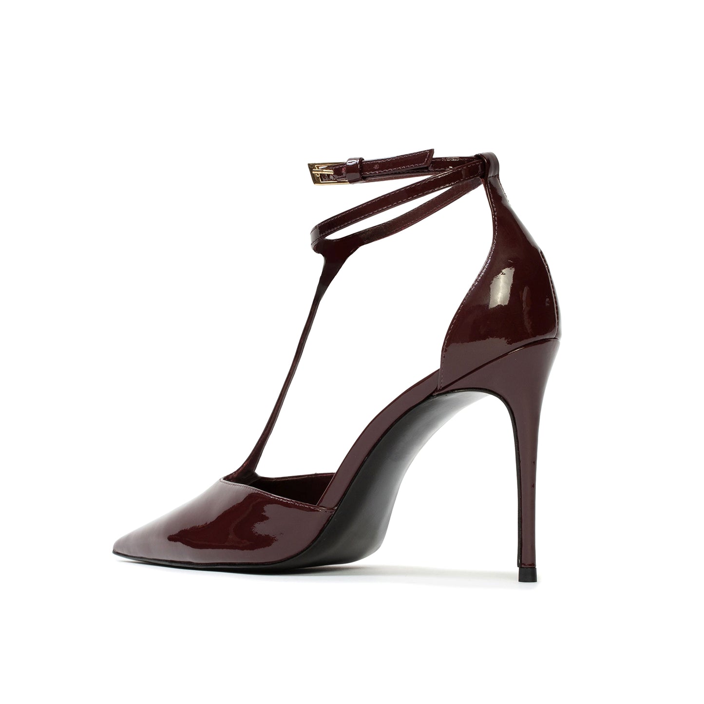 Patent Burgundy Pointed Toe Ankle Strap With Buckle High Stiletto Heel