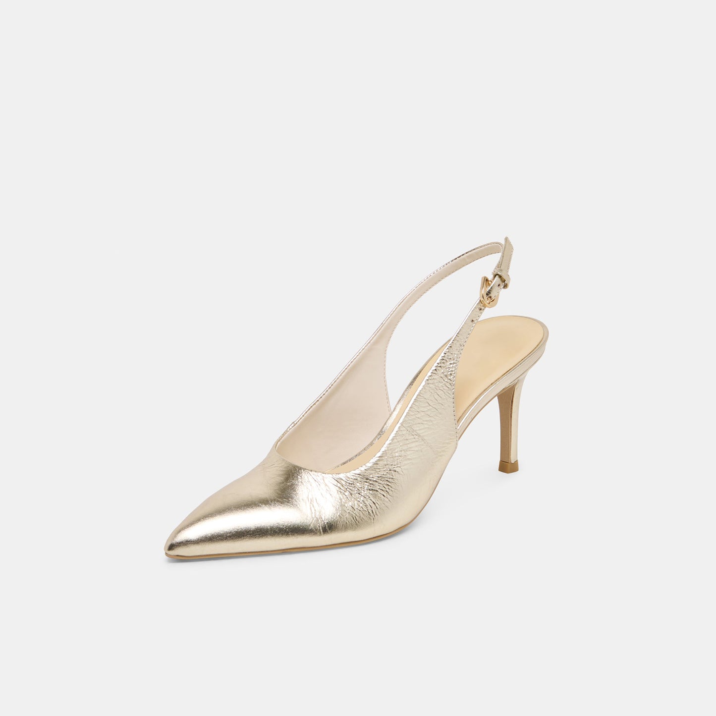 Metallic Light Gold Classic Pointed-Toe Buckle Slingback Kitten Heels