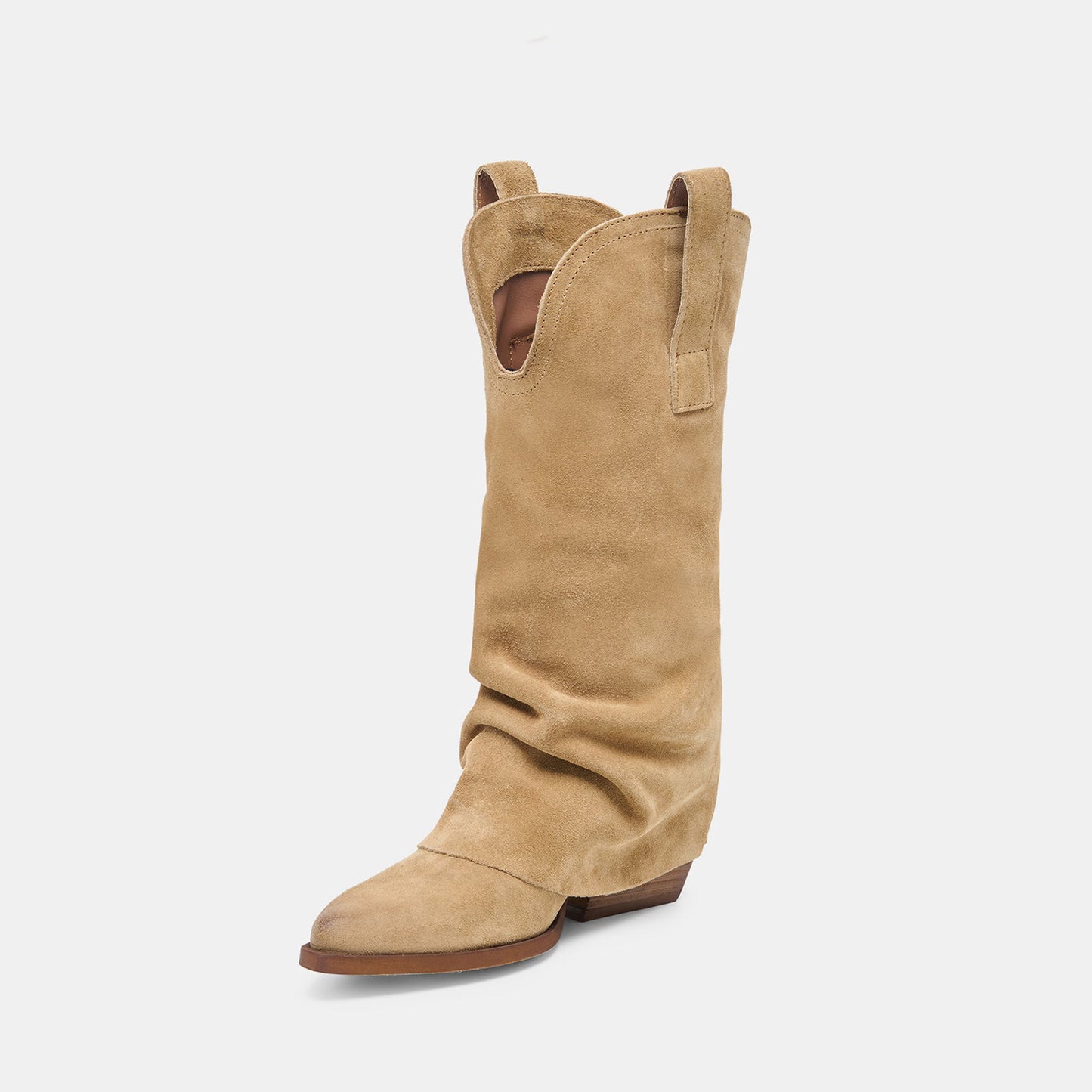 Camel Faux Suede Almond-Toe Buckle Strap Chic Mid Calf Cowgirl Boots