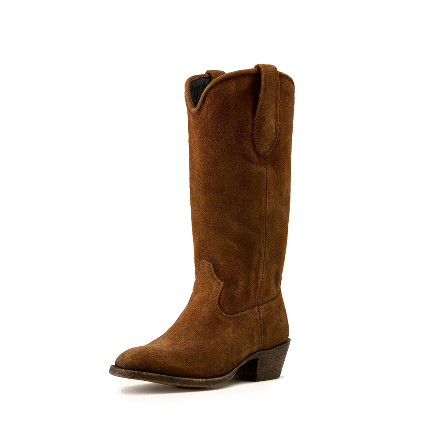 Brown Faux Suede Round-Toe Simple Mid Calf Classic Cowgirl Boots
