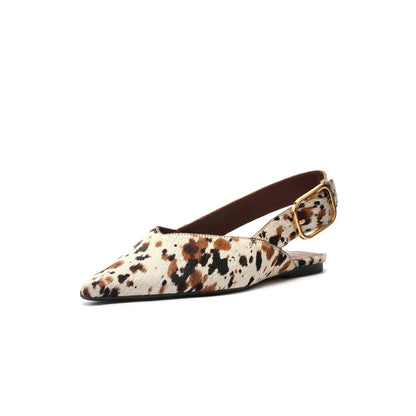Cow Print Pony Hair Pointed-Toe Slingback Slip-On Flats