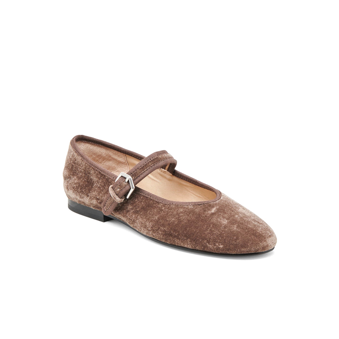 Gray Velvet Round-Toe Vegan Leather Bridge Strap Ballet Flats