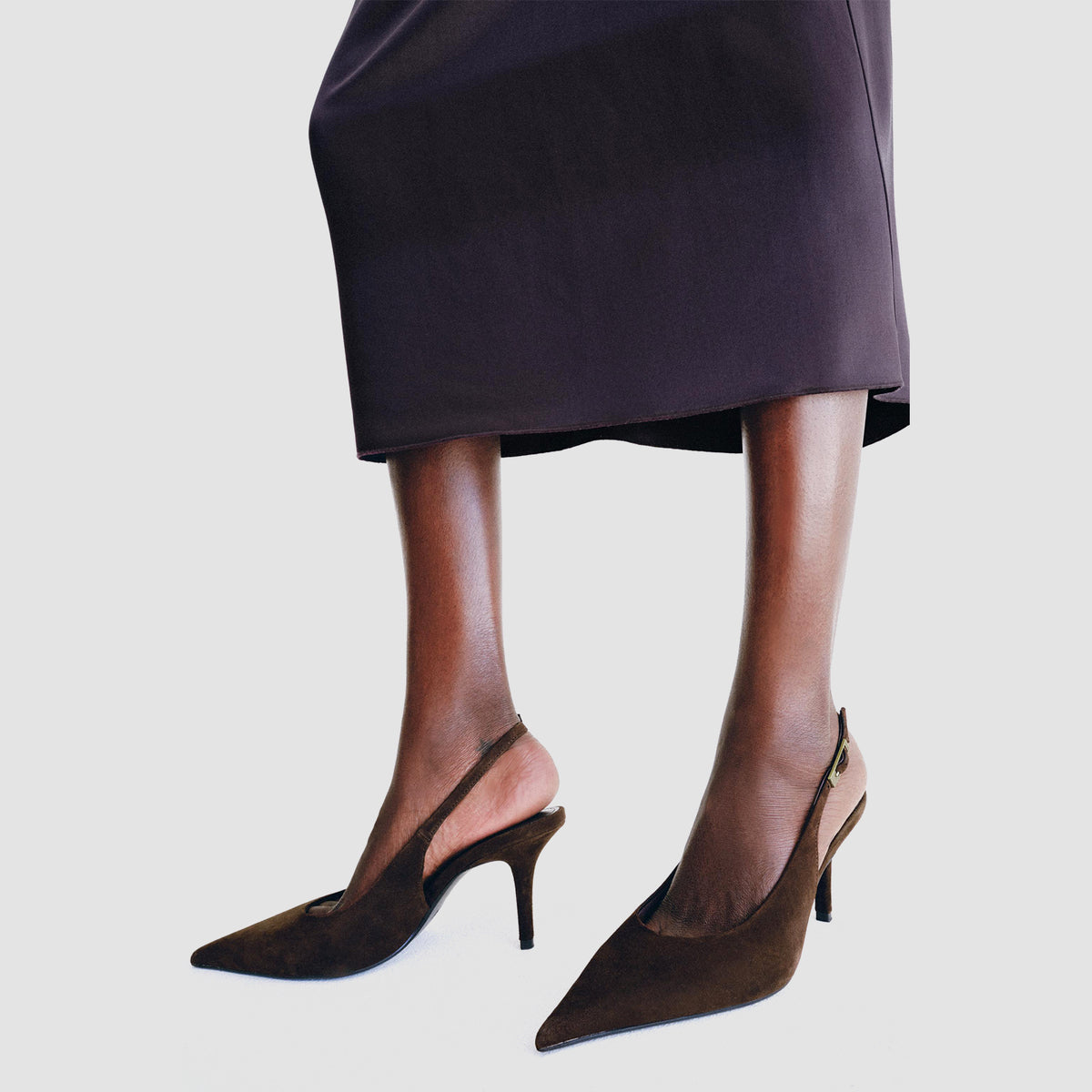 Chocolate Faux Suede Pointed-Toe Chic Back Strap Kitten Heels