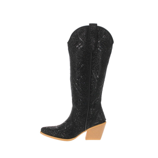 Black Faux Suede Pointed-Toe Full Crystals Wide Calf Knee High Cowgirl Boots