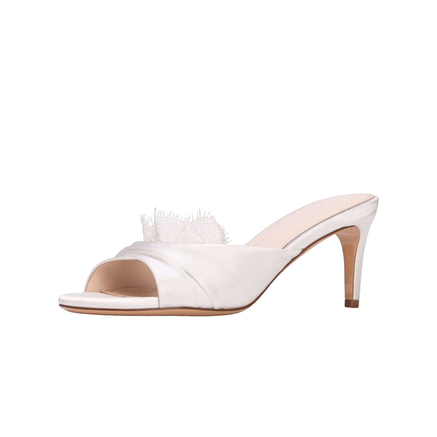 White Satin Round-Toe Front Strap With Lace Backless High Heels
