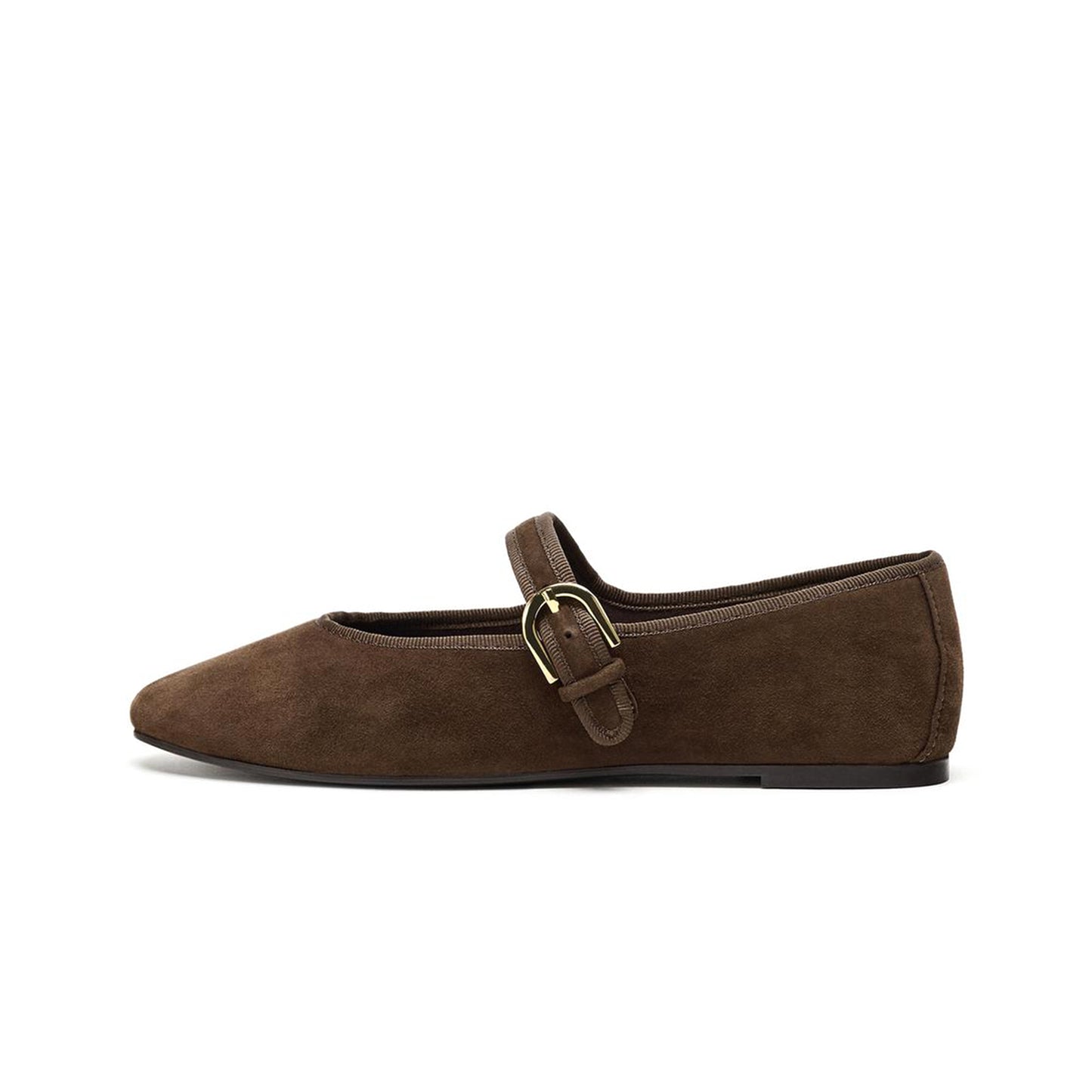 Brown Faux Suede Round-Toe Instep Buckle Closure Ballet Flats