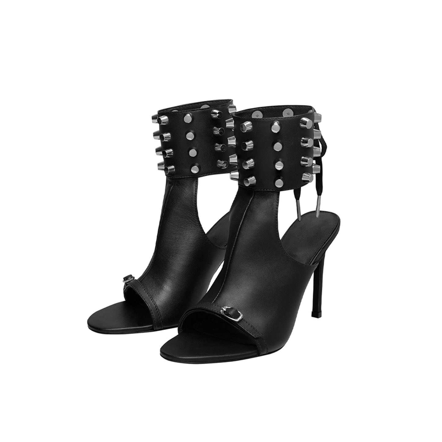 Black Open Round-Toe Studded Thick Ankle Strap With Lace-Up High Heels