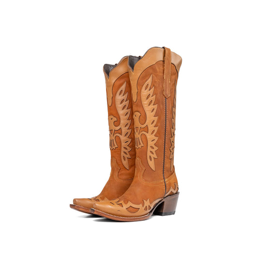 Tabacco Snip-Toe Eagle Applique Half-Zip Knee High Cowgirl Boots