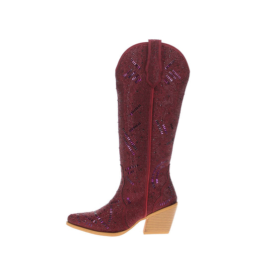 Maroon Faux Suede Pointed-Toe Full Crystals Wide Calf Knee High Cowgirl Boots