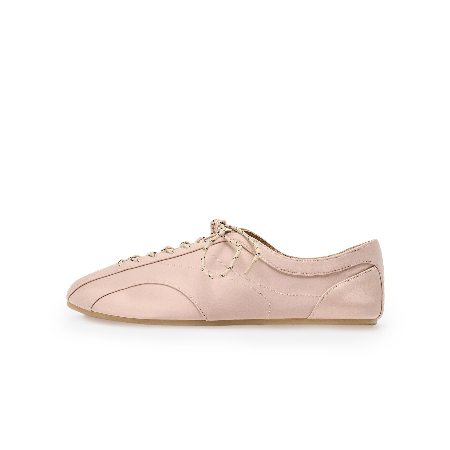 Blush Pink Satin Round-Toe Lace-Up Chic Ballet Flats