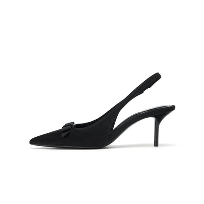 Black Faux Suede Pointed-Toe Front Satin Bow Slingback Kitten Heels