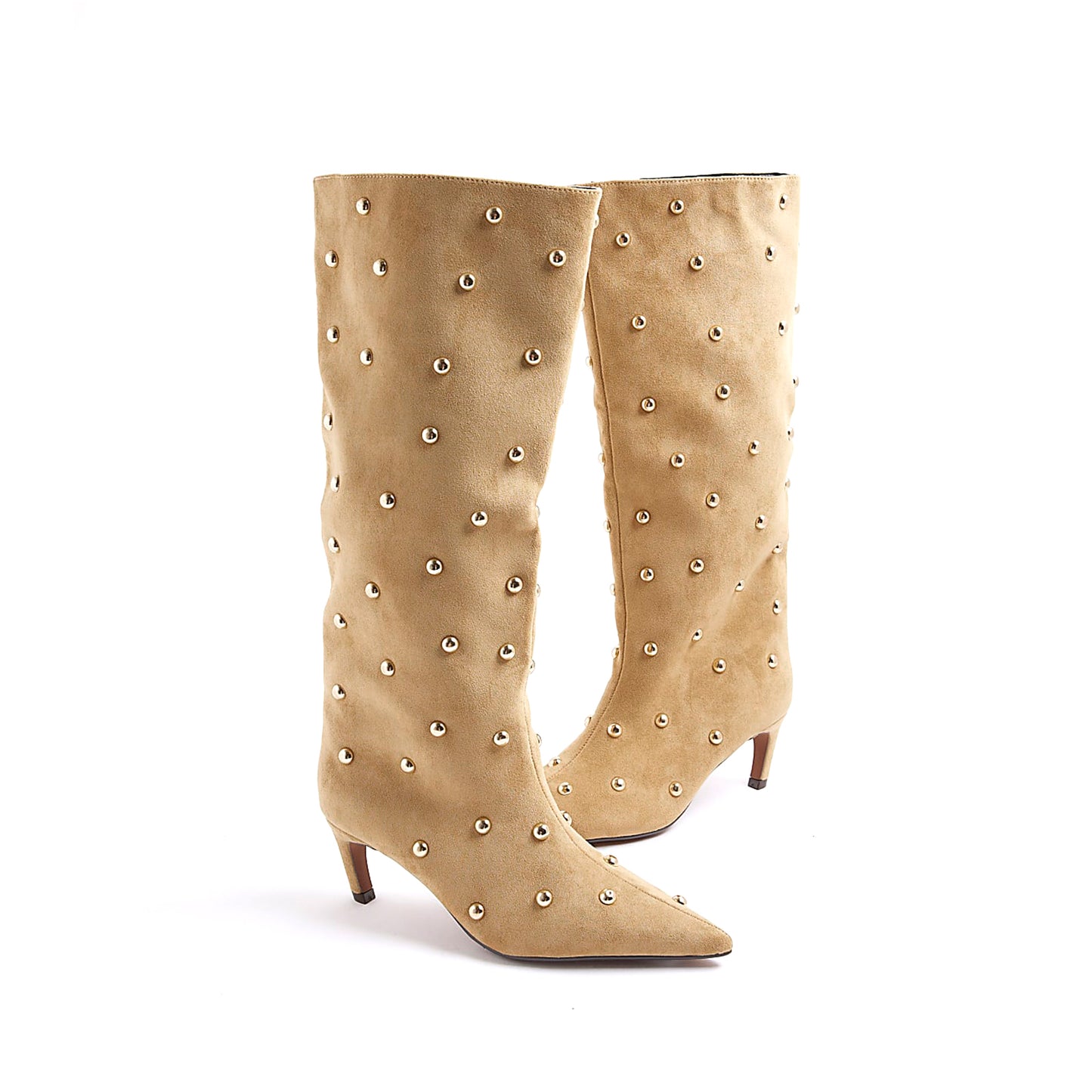 Beige Faux Suede Pointed-Toe Studded Wide Calf Knee High Stiletto Boots