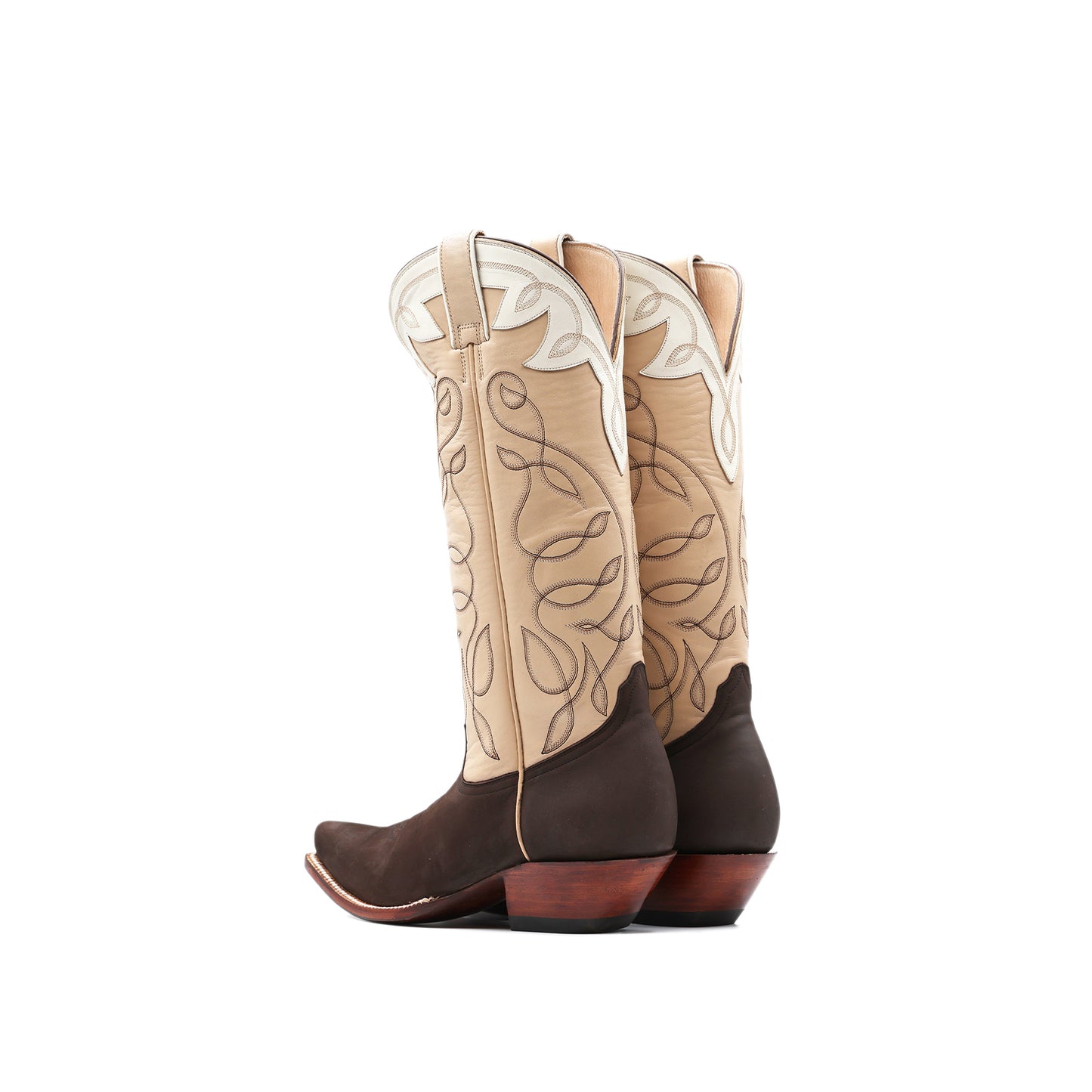Contrast Beige And Chocolate Snip-Toe Embroidery Mid Calf Cowgirl Boots