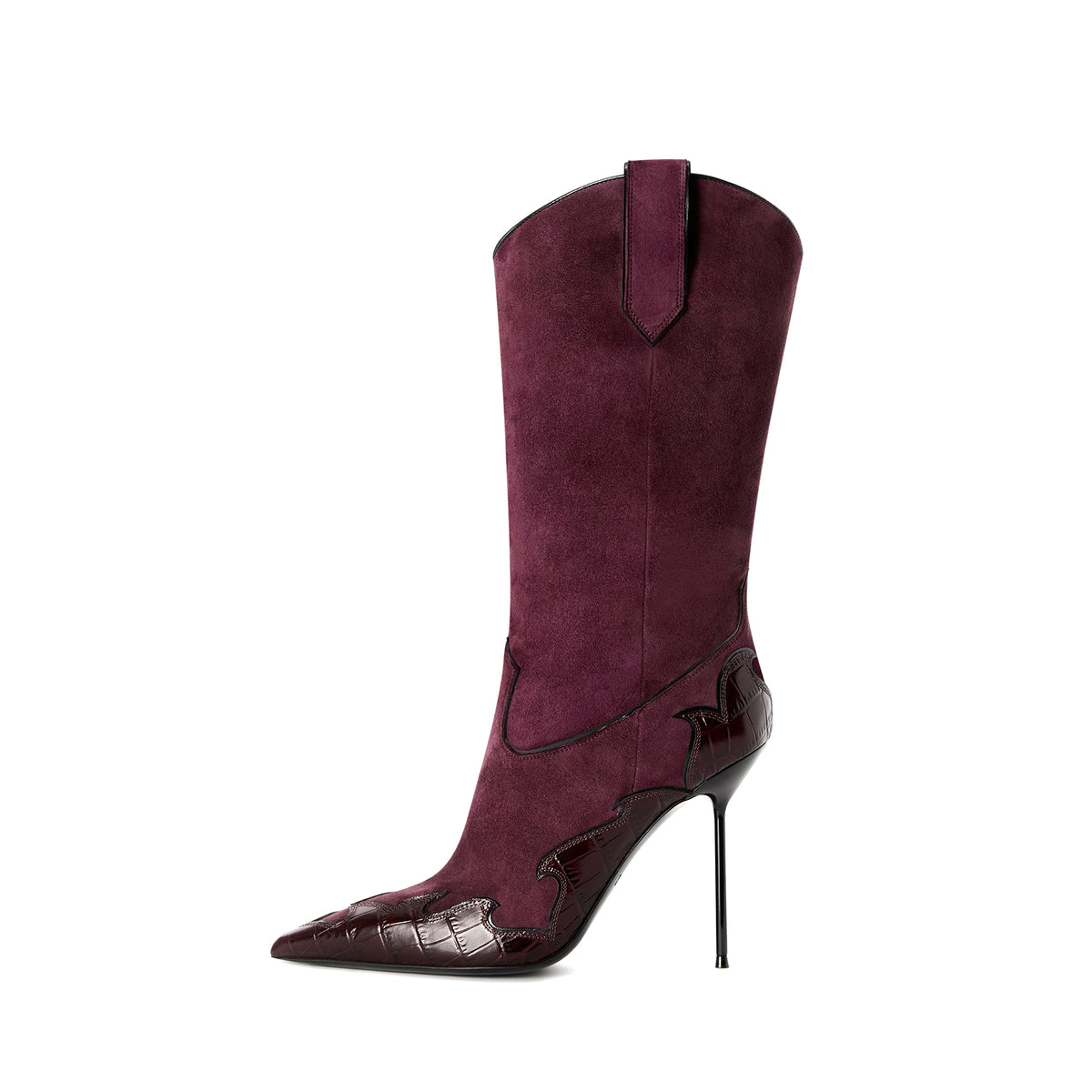 Burgundy Faux Suede And Crocodile Pattern Pointed-Toe Slip-On Mid Calf Stiletto Boots