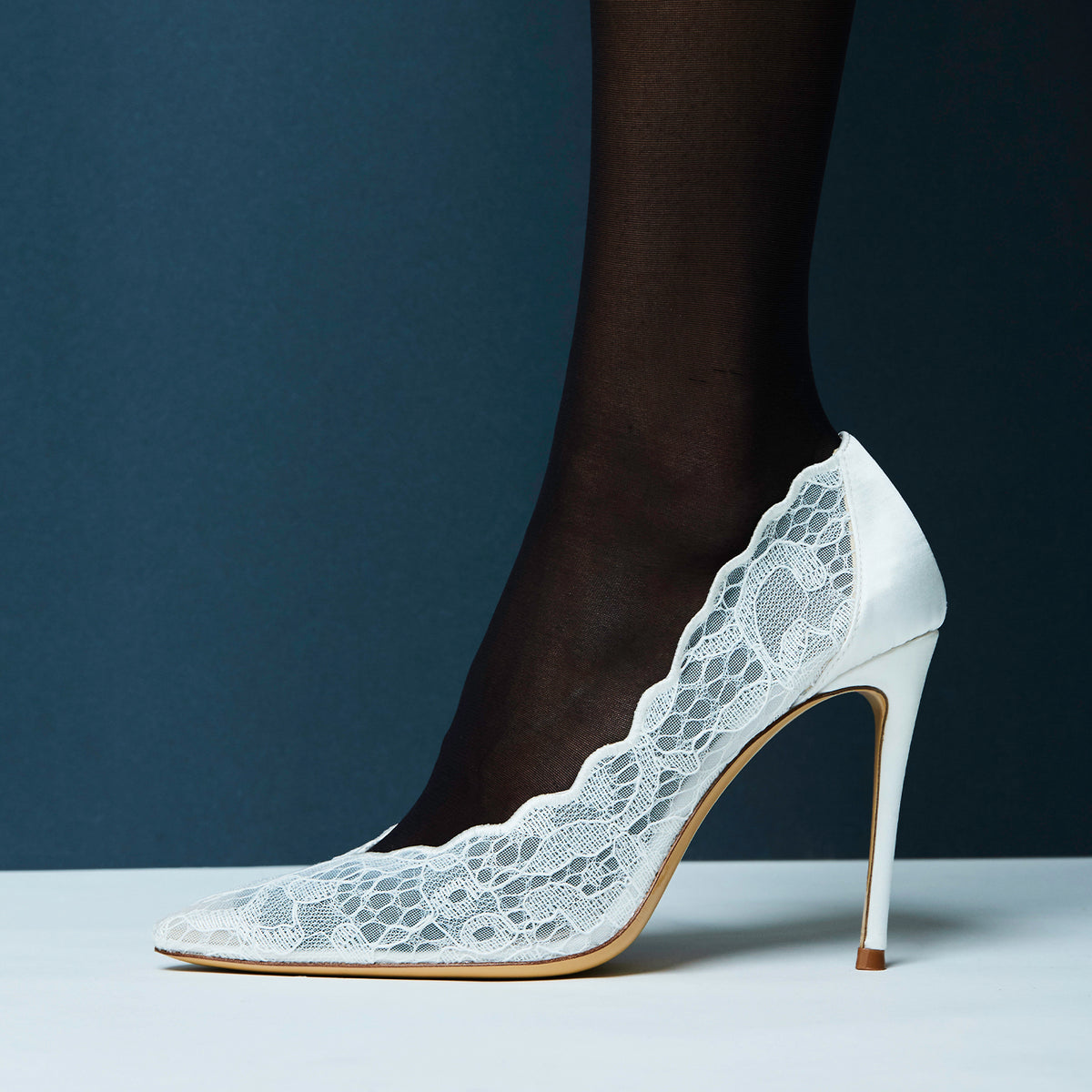 White Lace Mesh And Satin Pointed-Toe Slip-On Simple High Heels