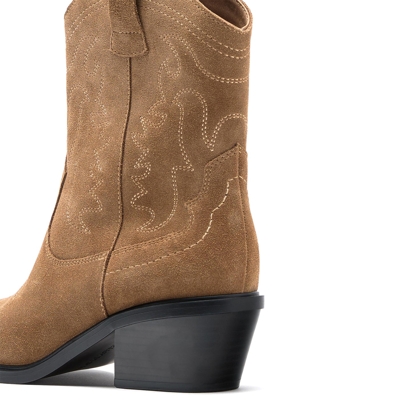 Camel Faux Suede Almond-Toe Embroidery Detail Ankle Cowgirl Boots