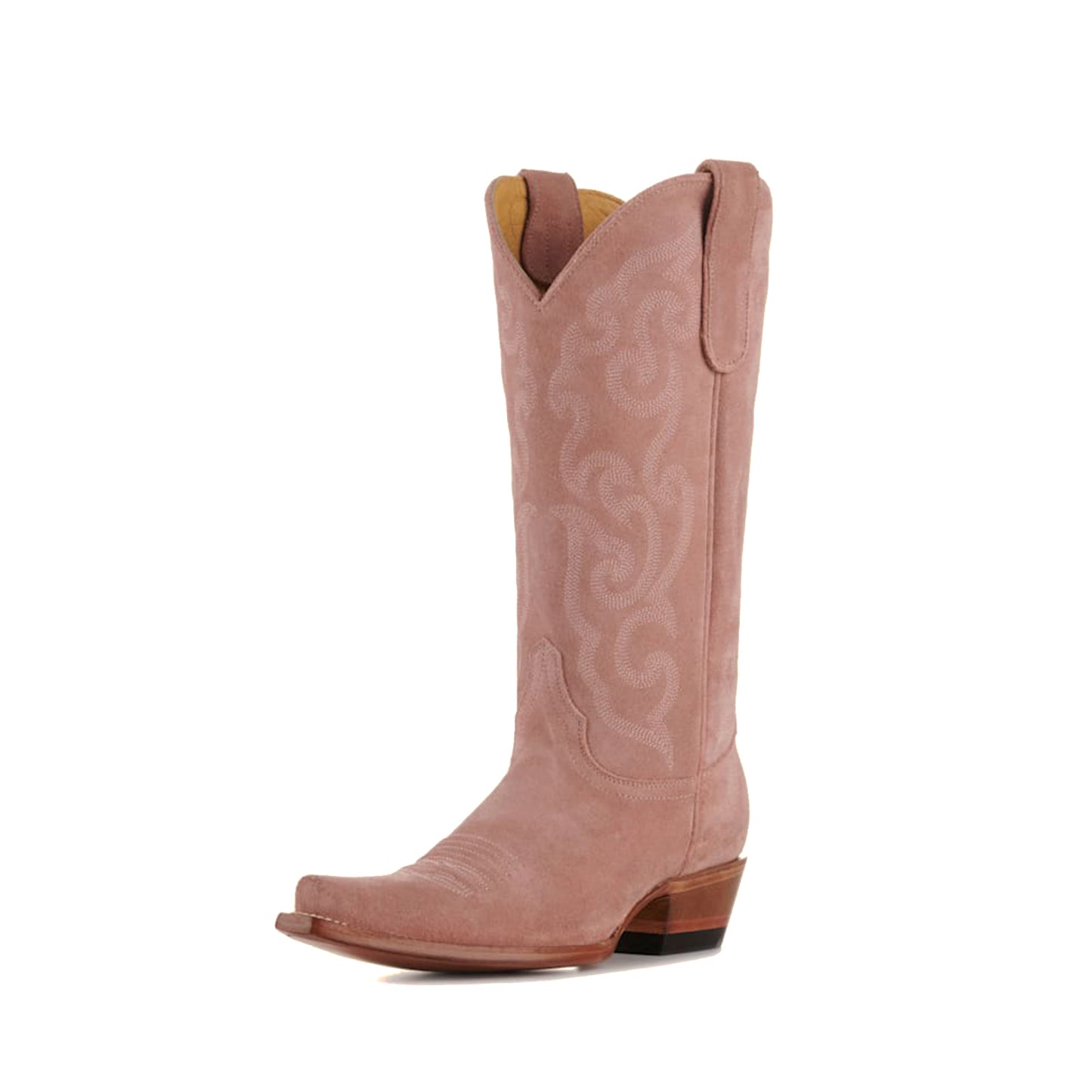 Pink Faux Suede Snip-Toe Delicate Embroidery Mid Calf Classic Cowgirl Boots