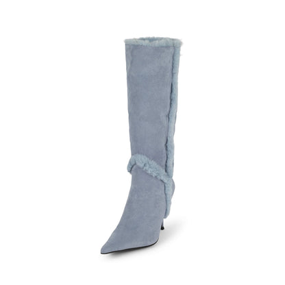 Blue Faux Suede Pointed-Toe Plush Fold-Over Knee High Stiletto Boots
