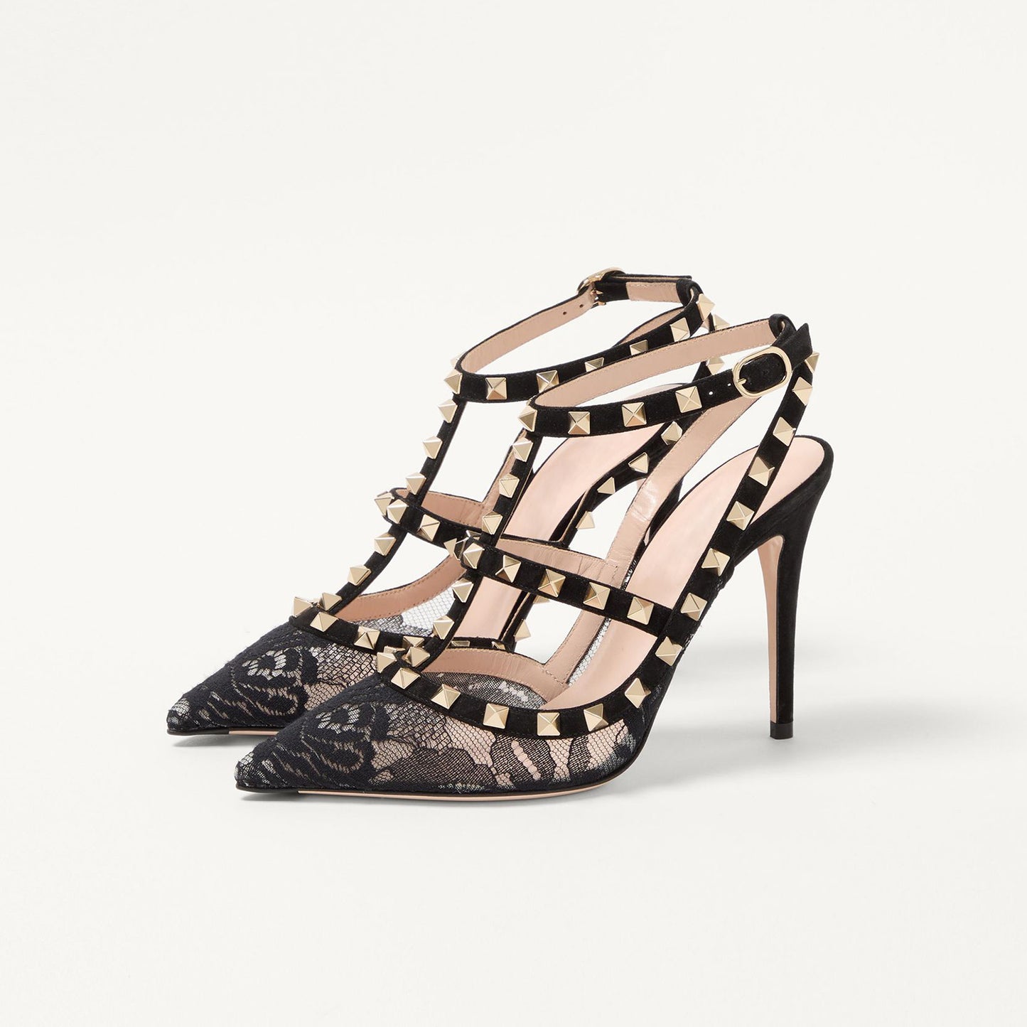 Black Lace Mesh Pointed-Toe Studded Strappy Slingback High Heels