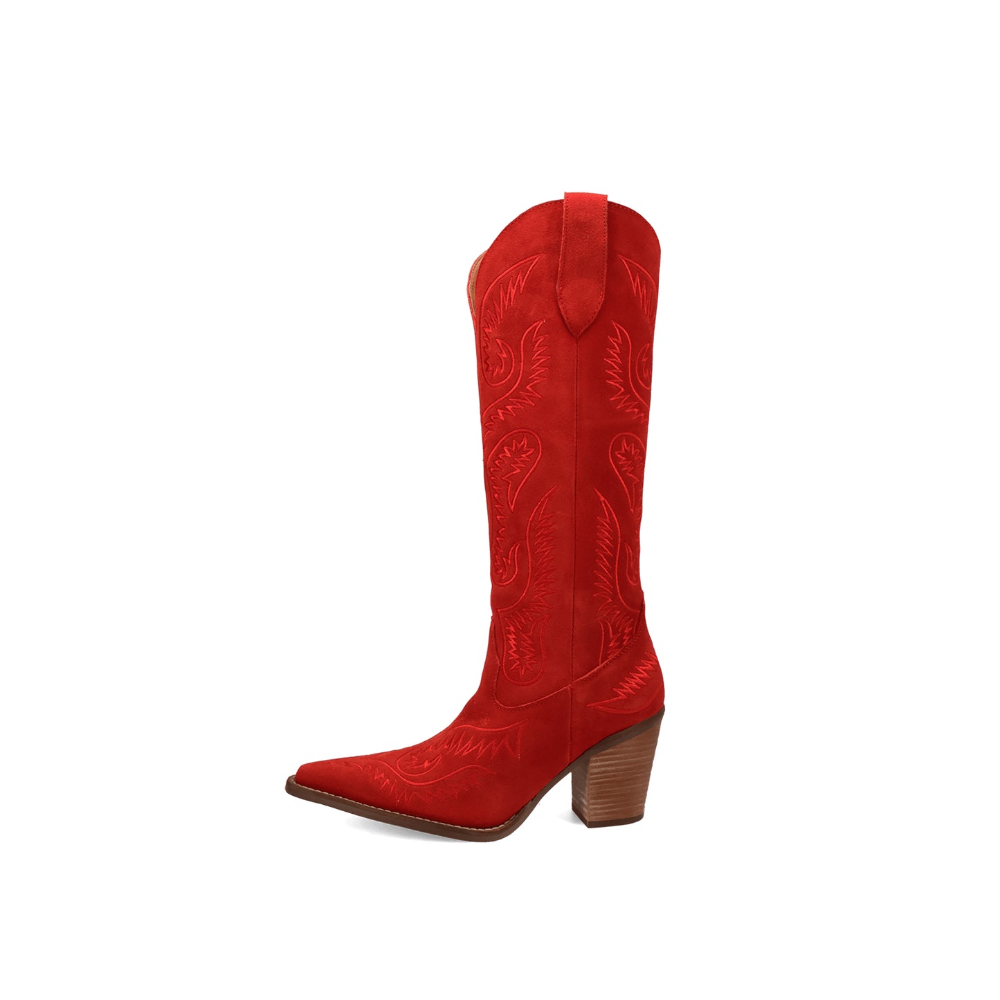 Red Faux Suede Snip-Toe Lively Embroidery Wide Calf Knee High Cowgirl Boots