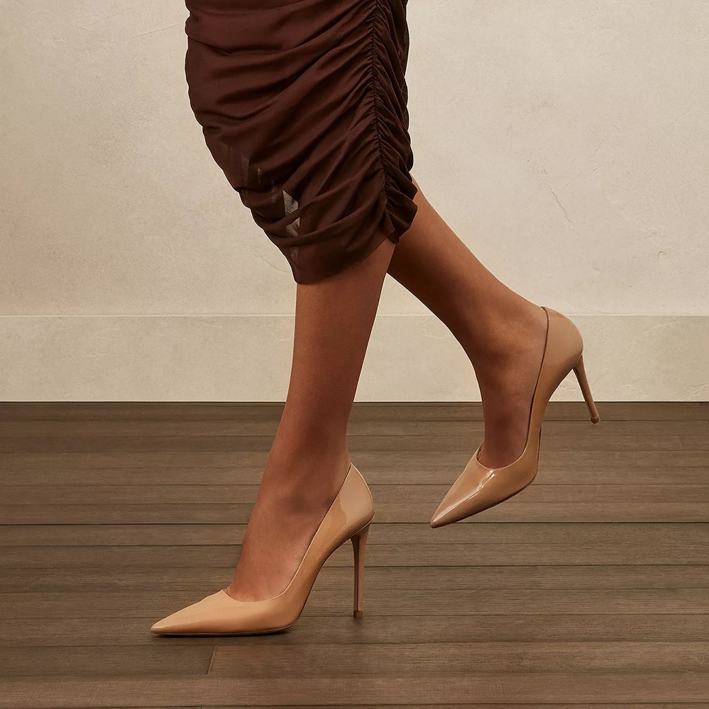 Patent Beige Pointed-Toe Slip-On High Heels