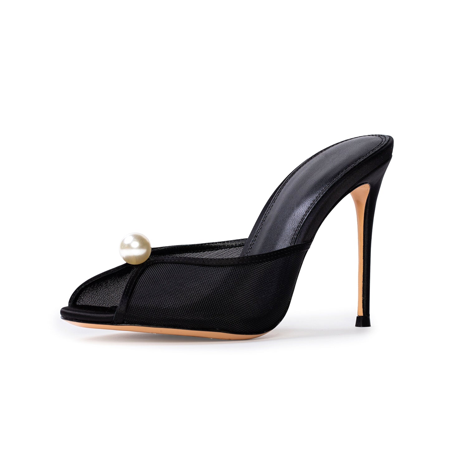 Black Mesh Satin Round-Toe Front Pearl Backless High Heels