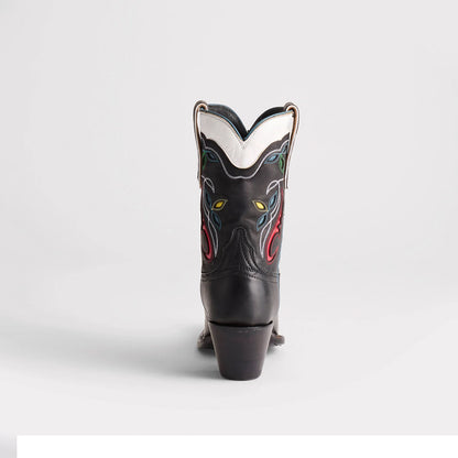 Contrast Black And White Snip-Toe Inlays Ankle Cowgirl Boots