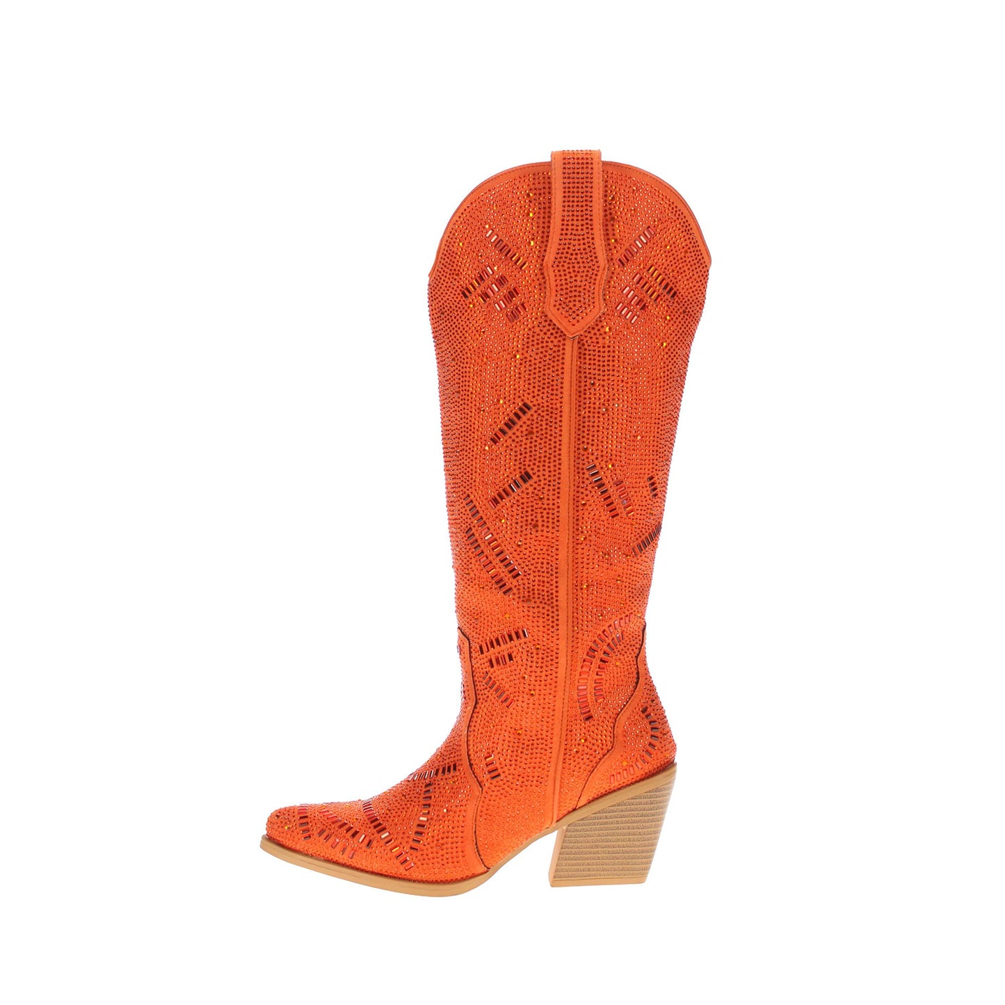 Orange Faux Suede Pointed-Toe Full Crystals Wide Calf Knee High Cowgirl Boots