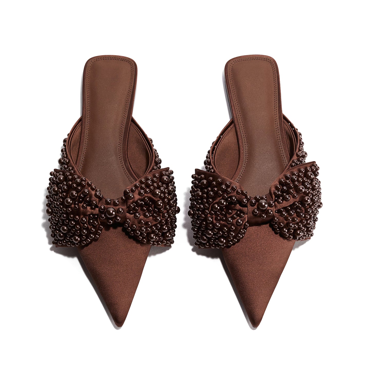 Coffee Satin Pointed-Toe Front Studded Bow Slip-On Flats