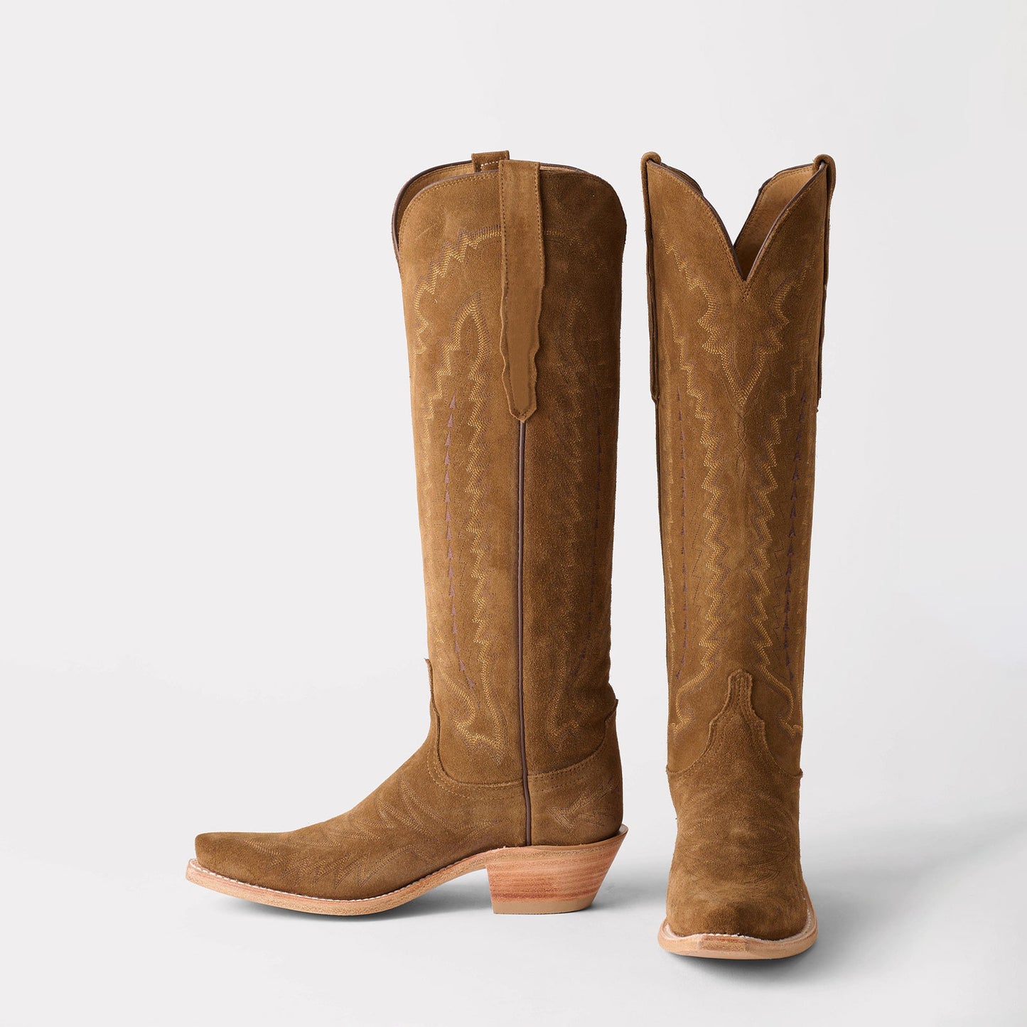 Coffee Faux Suede Snip-Toe Western Embroidery Wide Calf Knee High Chic Cowgirl Boots