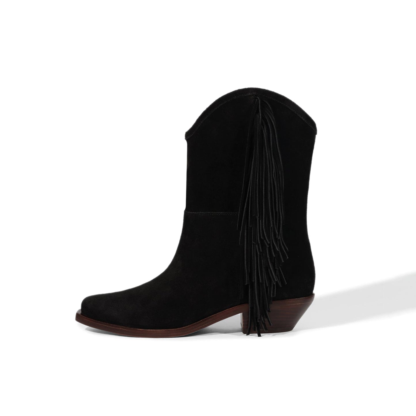 Black Faux Suede Pointed-Toe Side Fringe Mid Calf Cowgirl Boots
