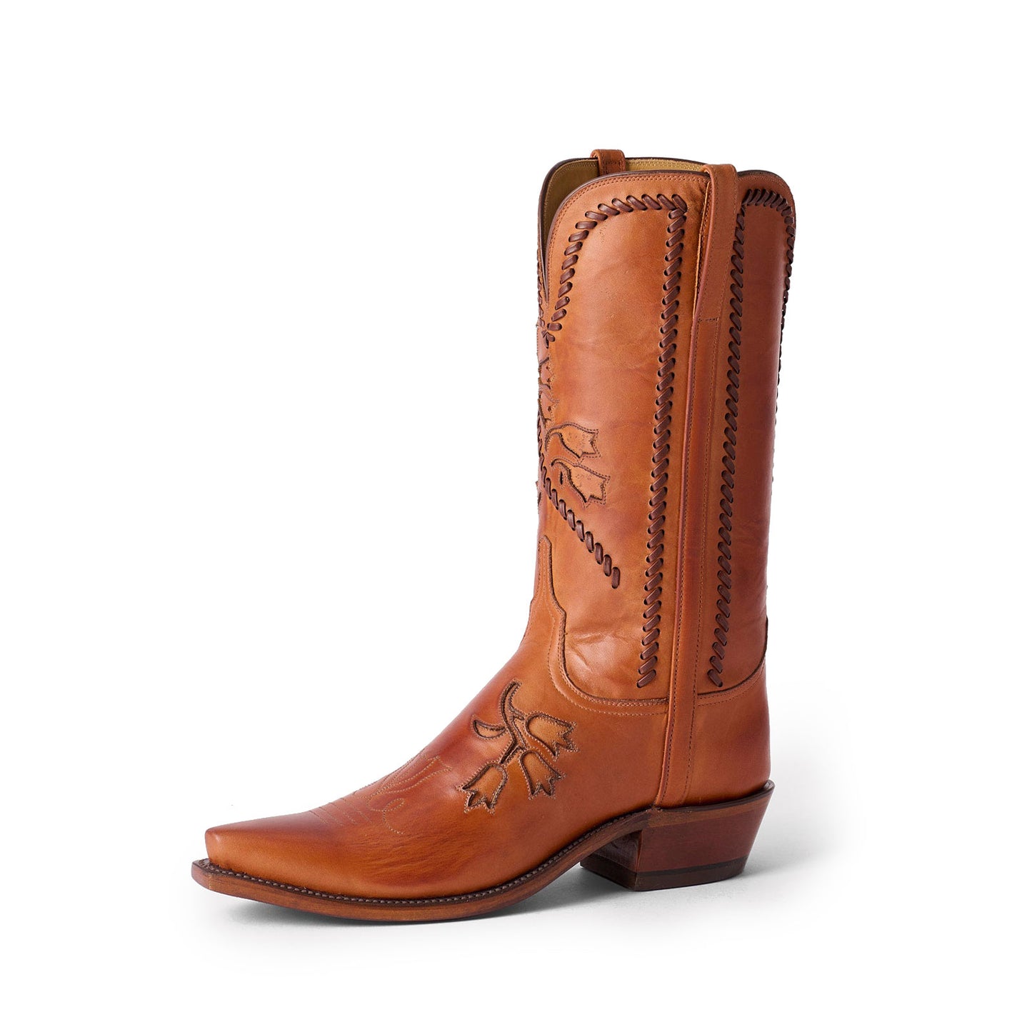 Cognac Snip-Toe Little Tulips Inlay And Running Stitch Mid Calf Cowgirl Boots