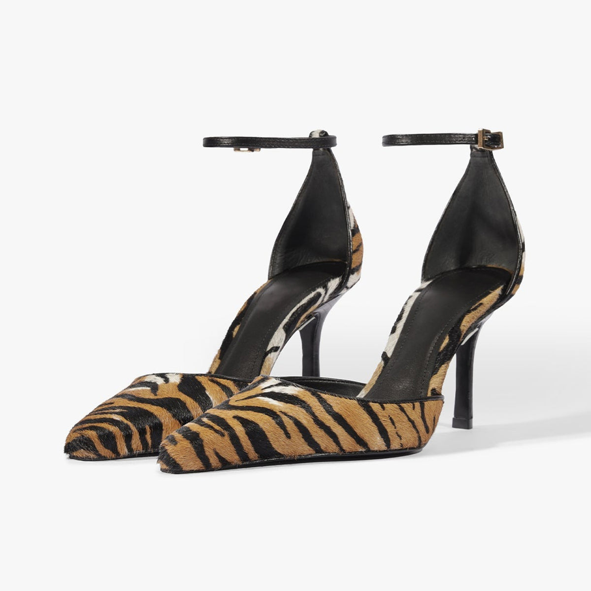 Tiger Pattern Pony Hair Vegan Leather Pointed-Toe Chic Ankle Strap Slip-On High Heels