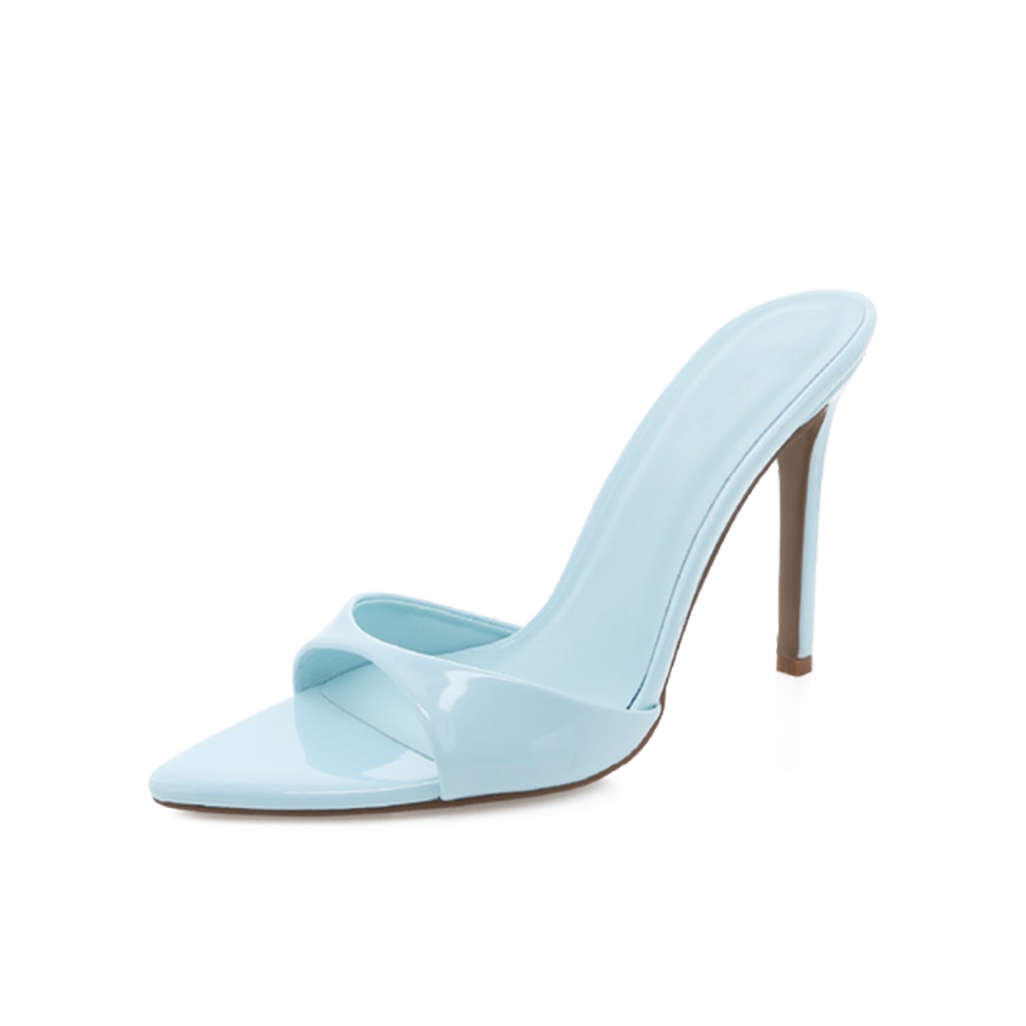 Patent Blue Open Pointed-Toe Backless High Heels Pumps